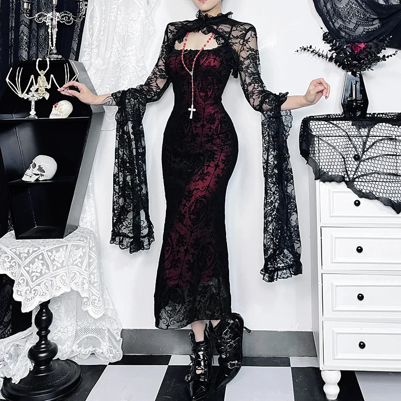 

Retro Gothic Stand Up Collar Top, European And American Style Sexy Cross Velvet Suspender Fishtail Skirt