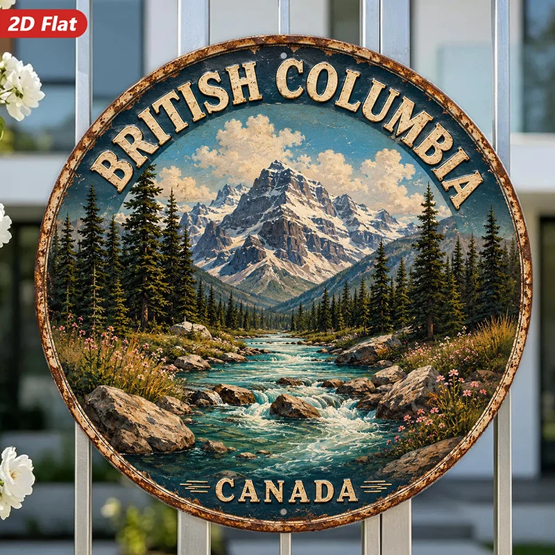 2D Flat, 1pc Round Metal Sign Wall Art, British Columbia, Canada Home Decor, Mountain Landscape, Pine Trees, River Design, for L