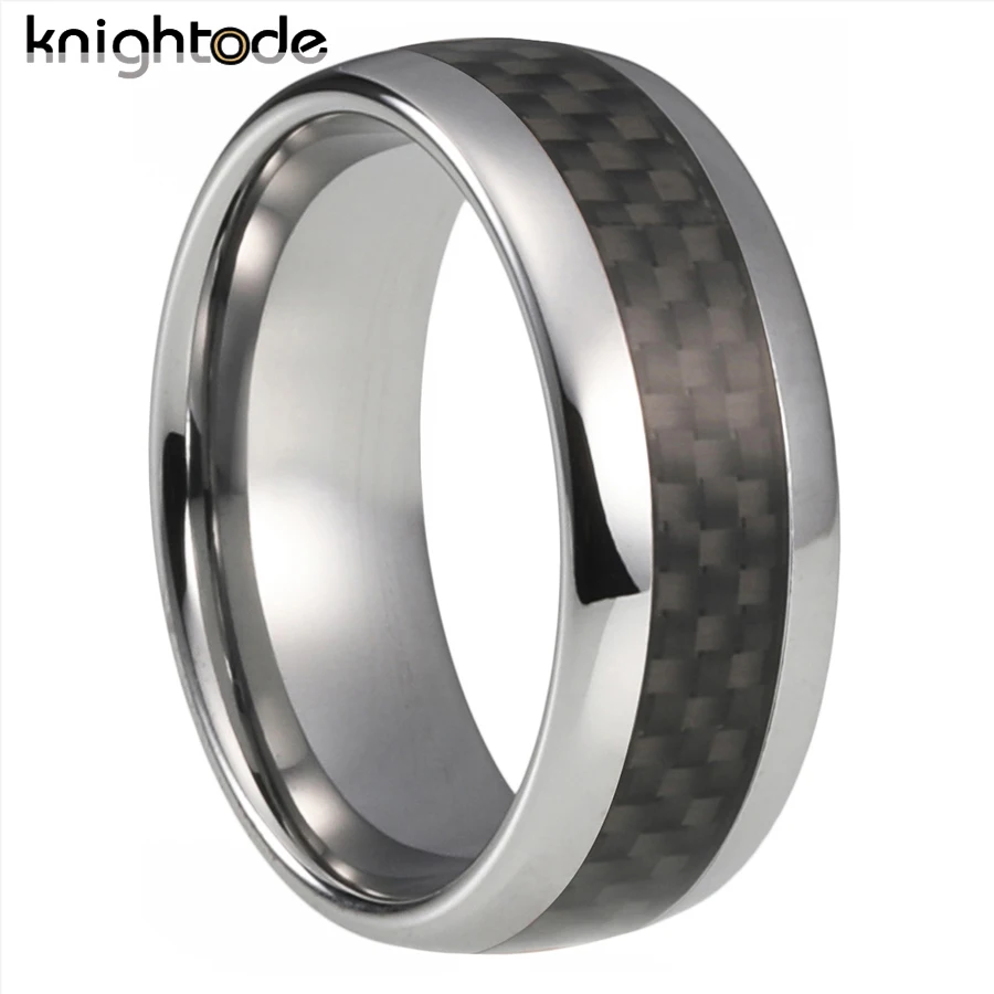 6mm 8mm Classic Tungsten Carbide Wedding Band Engagement Rings Black Carbon Fiber Inlay Dome Polished Comfort Fit