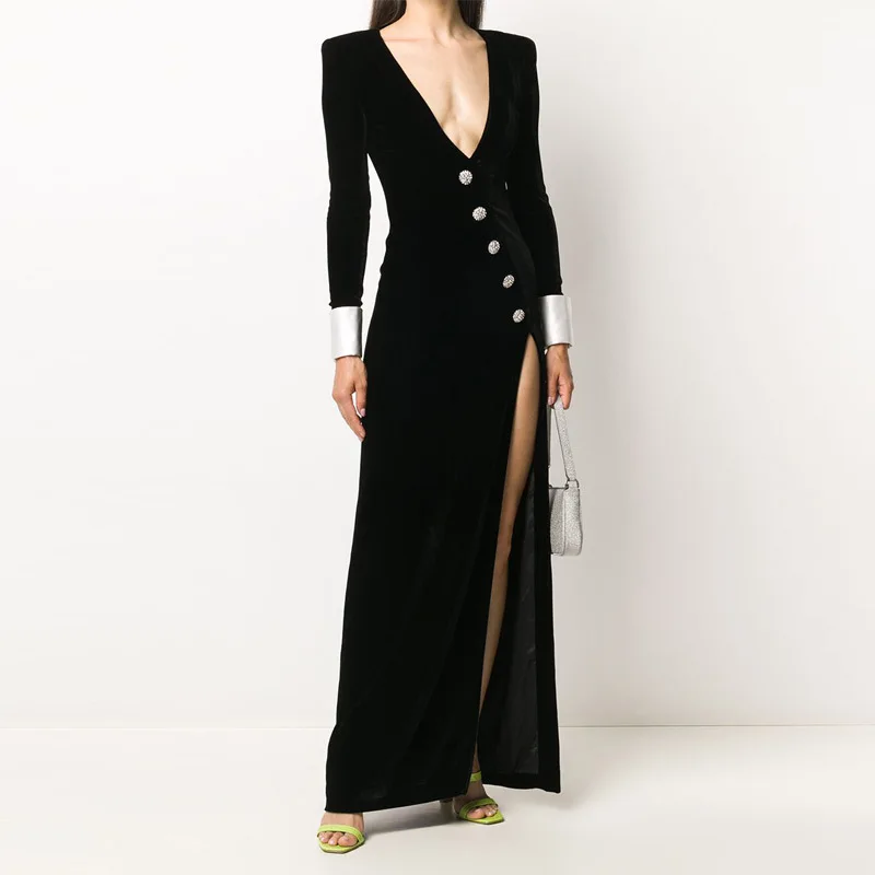 

Elegant Velvet Black Split Dresses Spring Women Long Sleeves Button V Neck Dress Autumn High Waist Big Swing Floor Length Dress