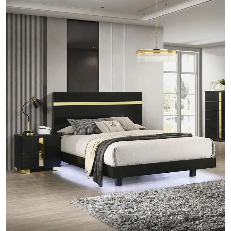 طقم غرفة نوم حديث مكون من 3 قطع بحجم كوين مع طاولات ليلية LED وحواف أكريليك - أثاث جاهز للمرتبة