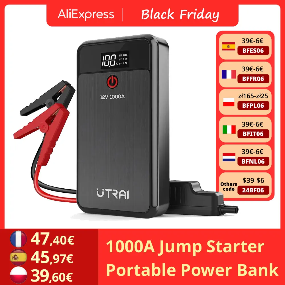 UTRAI Car Jump Starter 1000A Battery Charger 8000mAh Emergency Power Bank Booster with LED Lighting Starting Device for 12V Cars