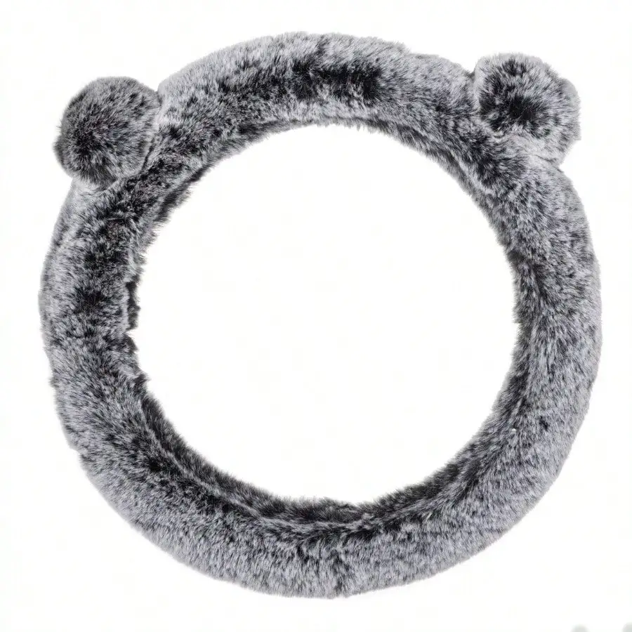 

Grey Fluffy Pom Ears Steering Wheel Cover ,Made from soft, plush material