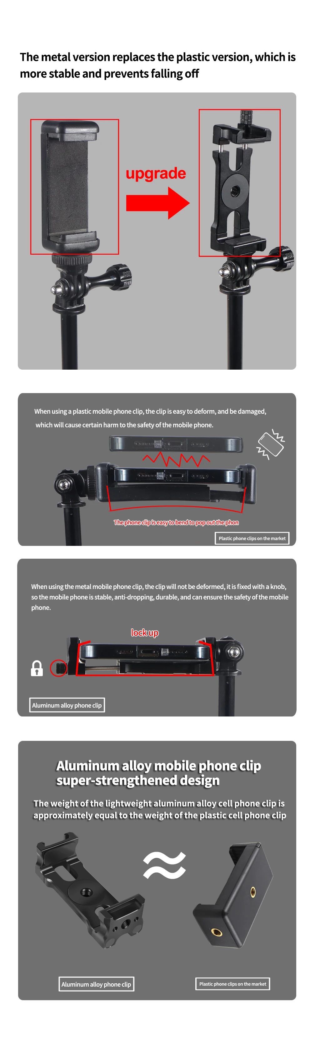 BGNing Handy-Clip-Monitorhalterung aus Aluminiumlegierung mit 1/4-Zoll-Arri-Positionierungsloch, Schnellverschluss für 62–87 mm große Smartphones – Detail 13