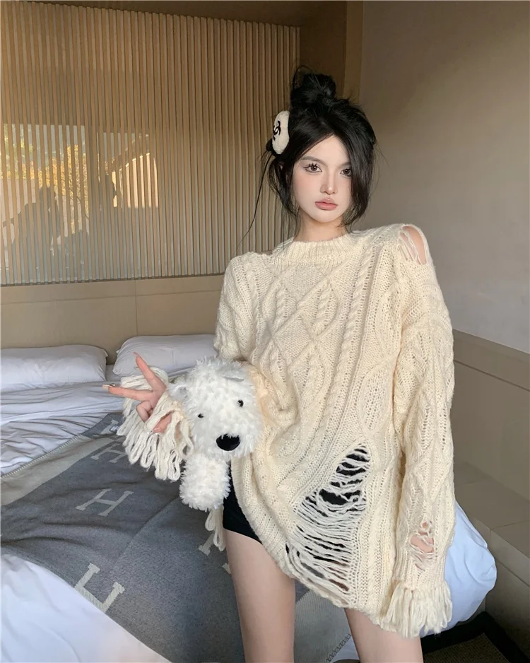 

Large Size Women's Knitted Sweater with Tassel Autumn Winter New Sle Loose Hollow out Design in Apricot Color Trendy Top