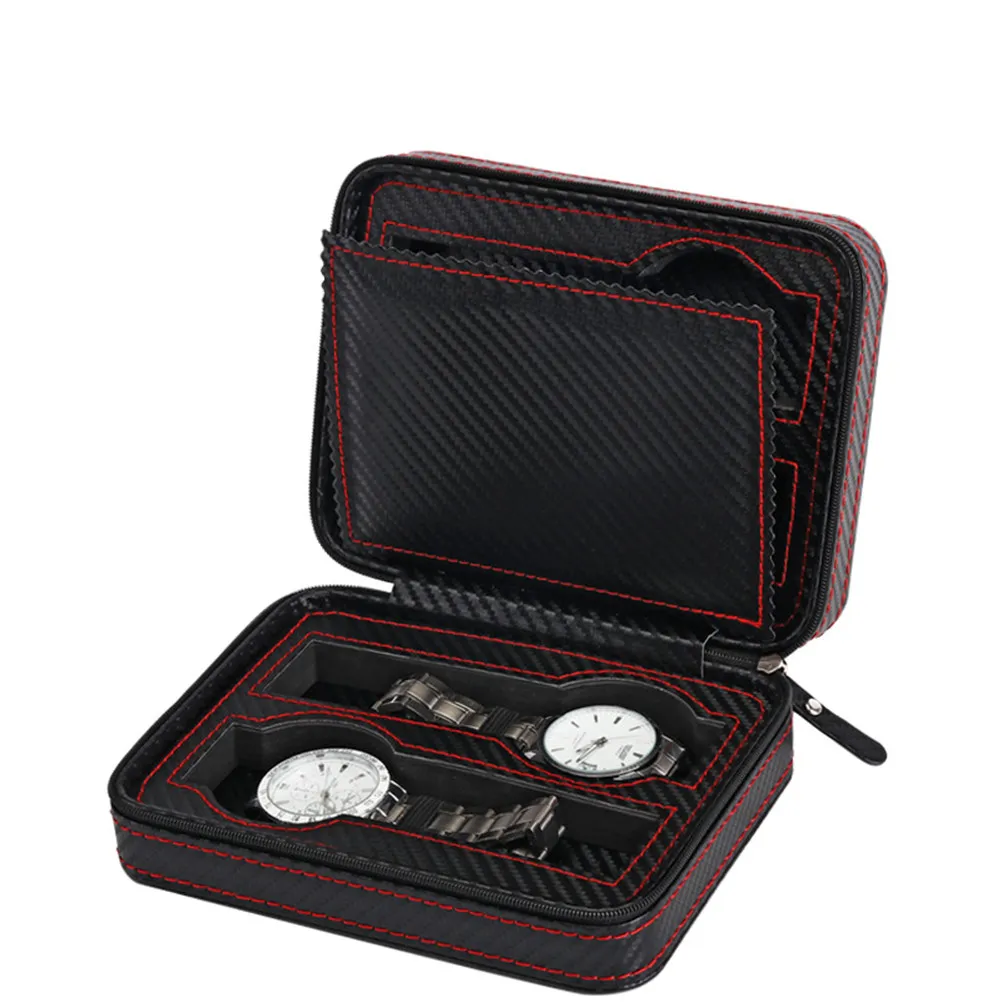 4 Slot Watch Box Black PU Zipper Travel Storage Organizer Dustproof Protective Display Case