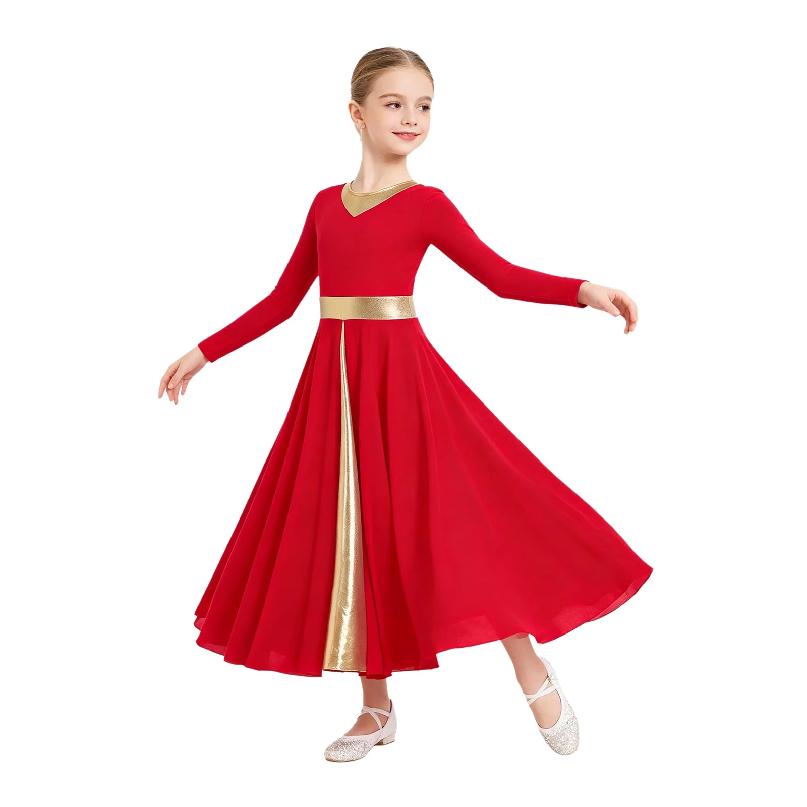 

Child Girls Praise Lyrical Dance Clothing Liturgical Worship Church Robe Round Neck Long Sleeve Back Zipper Metallic Maxi Dress