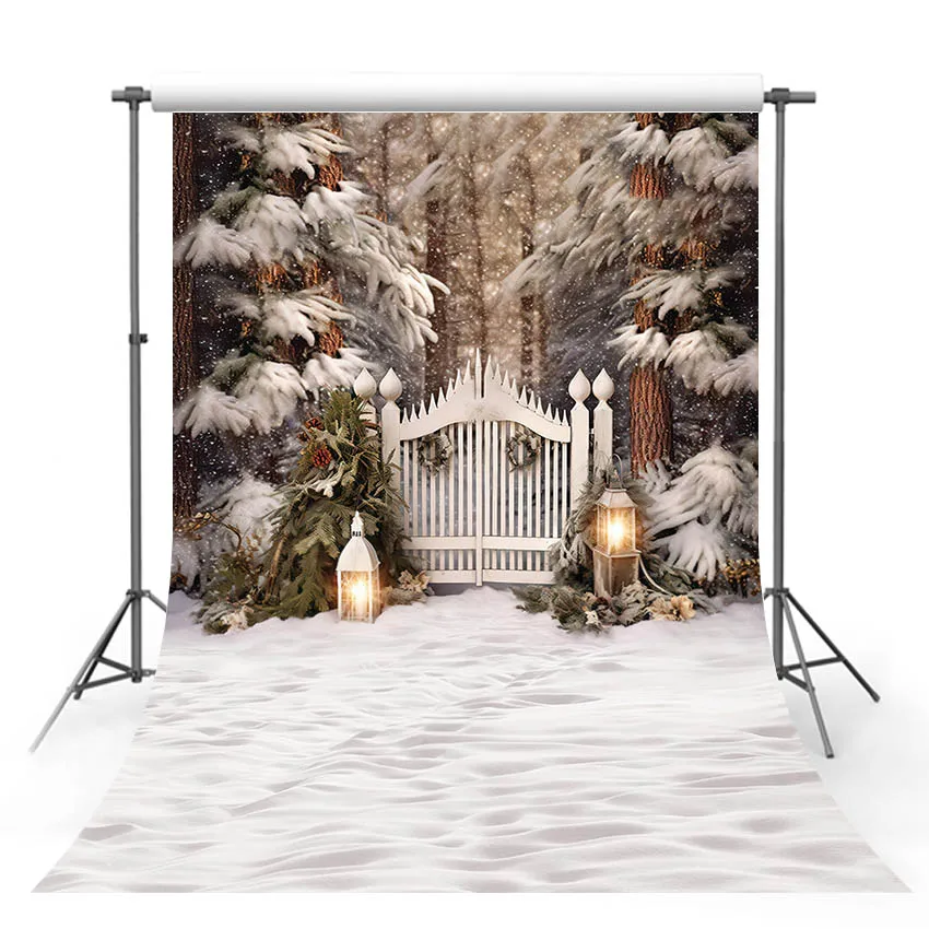 Mehofond Snowy Forest Christmas Backdrop Winter Family Kids Holiday Party Fence Lantern Snowland Decor Photography Background
