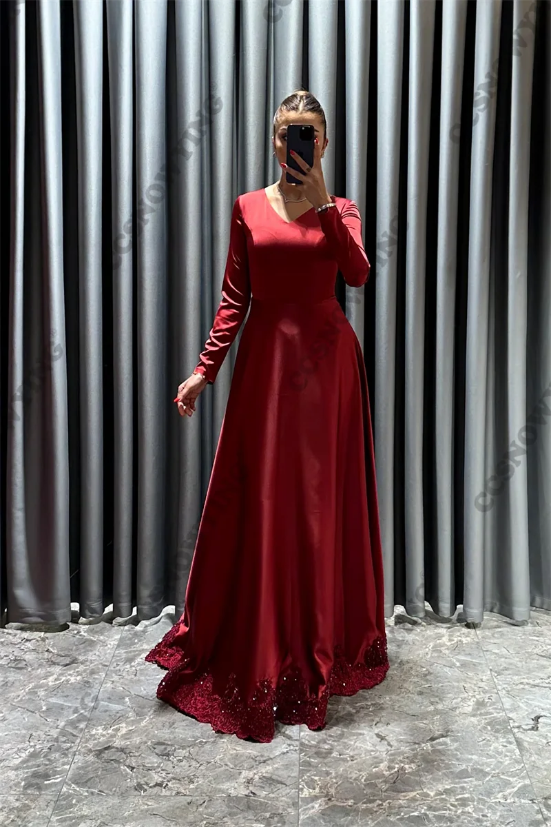 

Simple Long Sleeve Muslim Evening Dresses V Neck Islamic Formal Party Gown Satin Appliques Women Arabic Kafatn Robe De Soiree