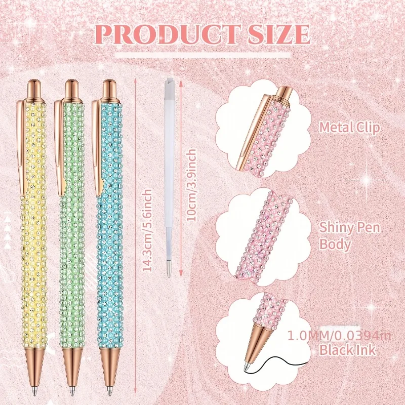 6-teiliges Kristall-Strass-Stiftset, 2 Metallstifte + 4 schwarze Ersatzminen, 1,0 mm, süßes Geschenk für Frauen, Büro, täglicher Gebrauch – Detail 4