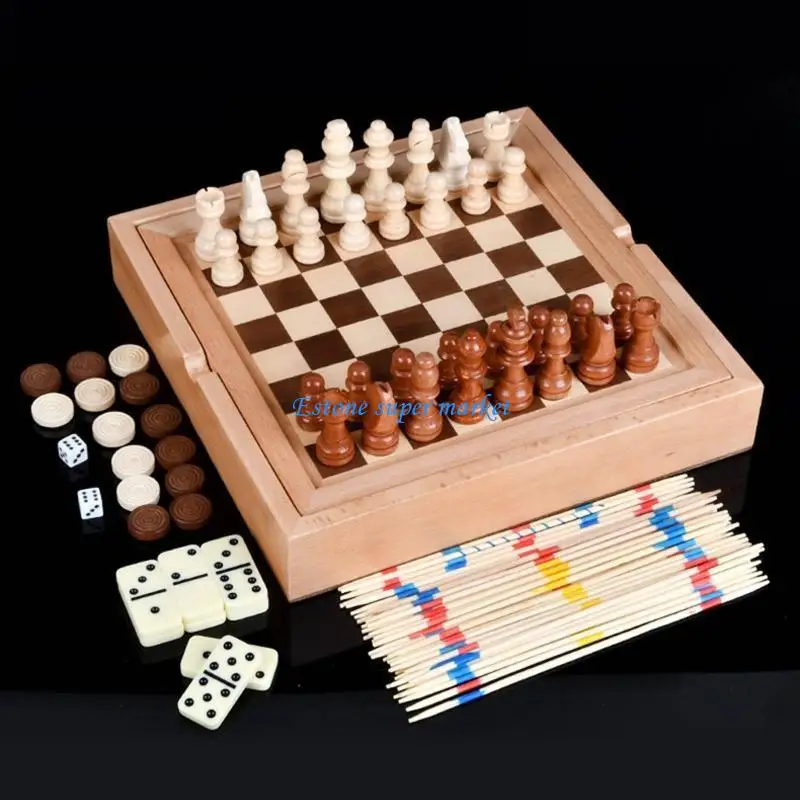 

090B Wooden Chess Checkerboard Game Toy for 2 Players Strategy Party Game Set 5-in-1