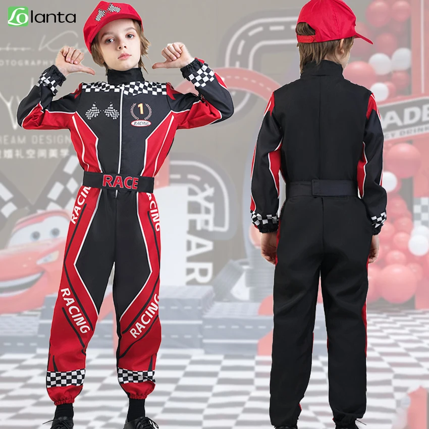 LOlanta 5Pcs Car Racing Costume for Kids Boys Racer Jumpsuit With Cap Career Dress Up Halloween Wear 4-12Years