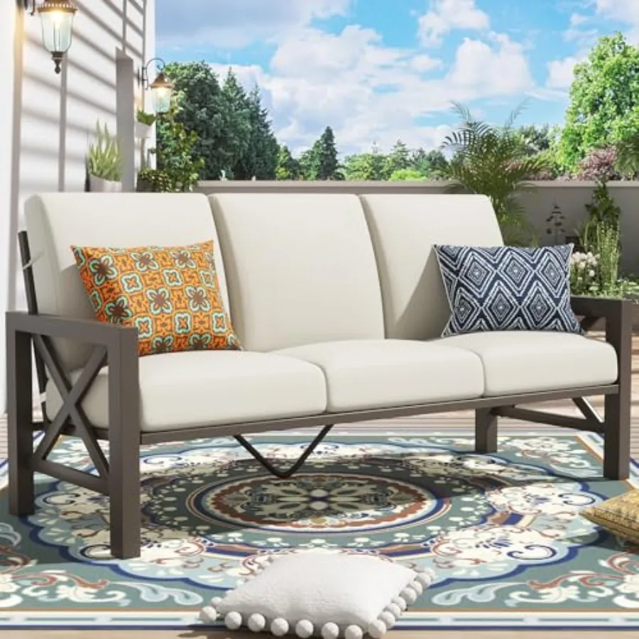 

Outdoor 3 Seat Sofa Patio Furniture Set with Deep Seating Couch and 6.5'' Thick Olefin Cushion in Natural Color for Garden Fron