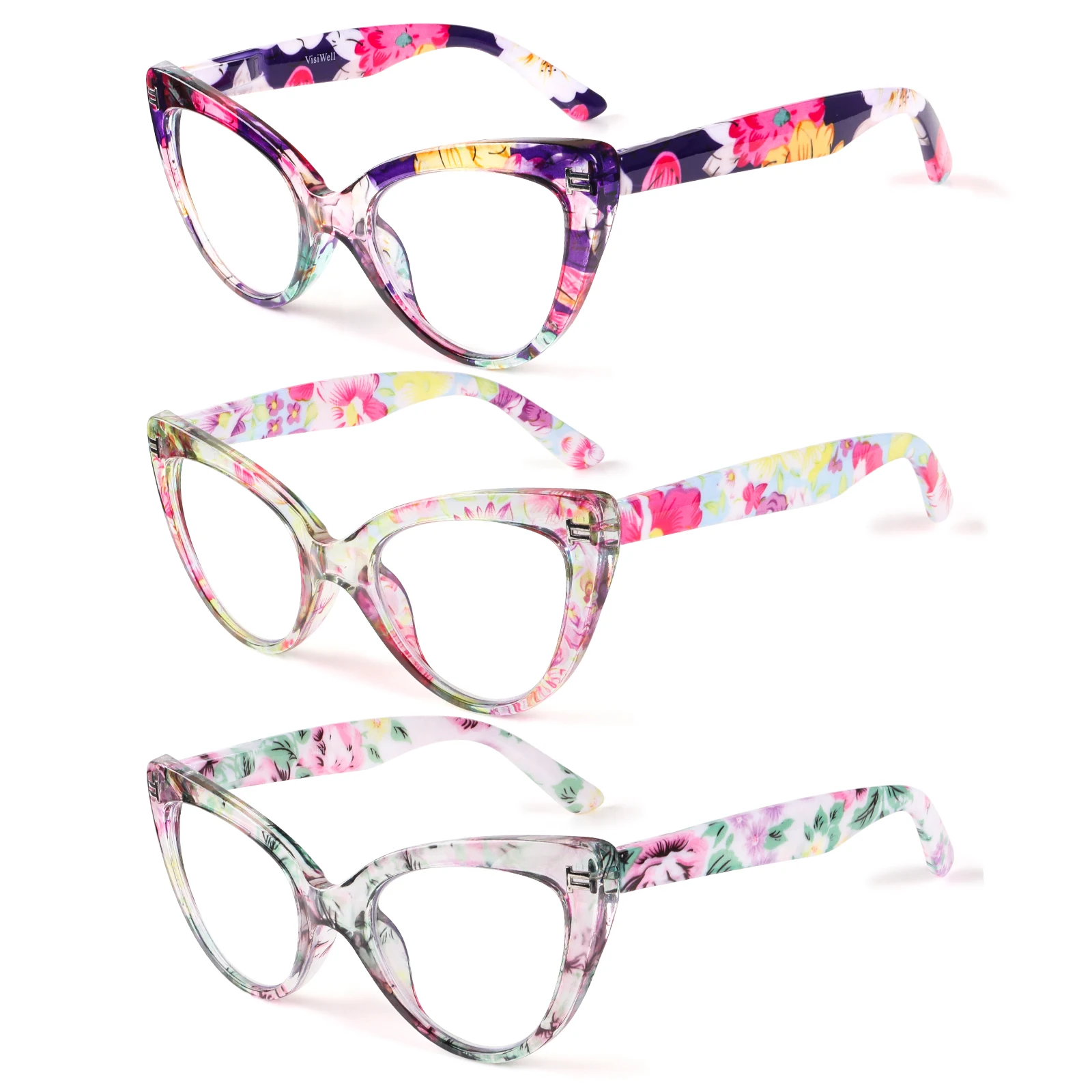 3 Pack Cat Eye Reading Glasses for Women Floral Print Frame Spring Hinge Blue Light Blocking Presbyopic Glasses Fashion Readers