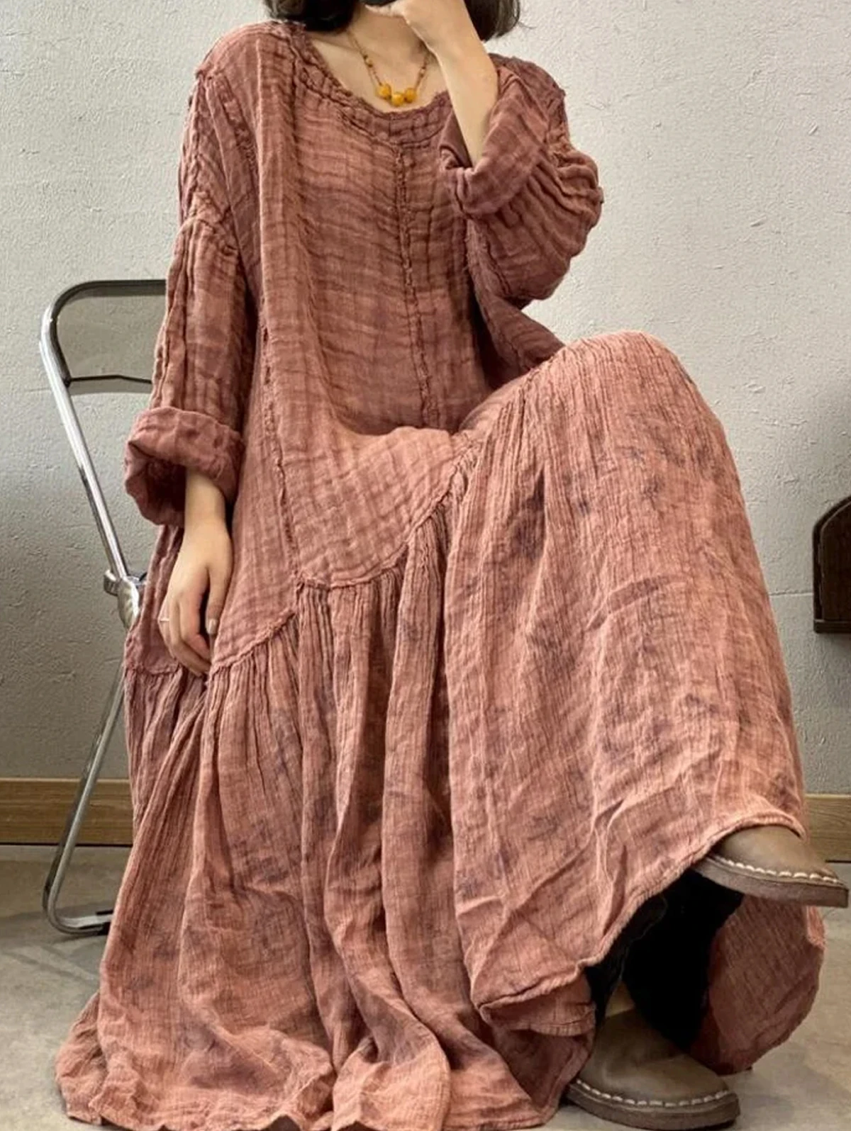 Summer Daily Long Dress Women O Neck Long Sleeve Maxi Vestido Elegant Folds Patchwork Raw Trim Loose Sundress Solid Robe Femme