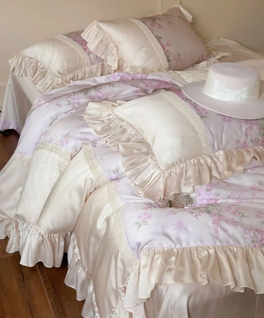 Romantic sweet flower pink bedding set,full queen king fairyfair ruffled double home textile bed sheet pillow case quilt cover