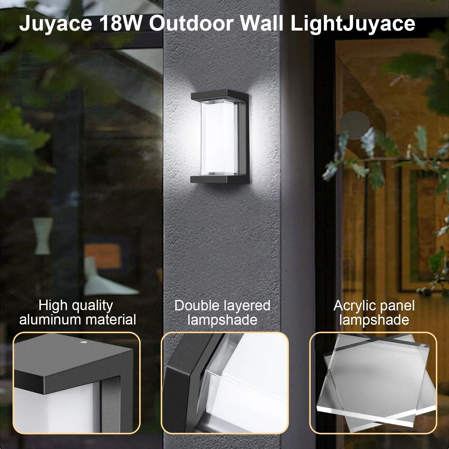 Juyace-Luzes de varanda ao ar livre, arandelas pretas modernas, luminárias externas, energia amigável, montagem na parede, 18W, 1800Lm, 6000K, pacote 6