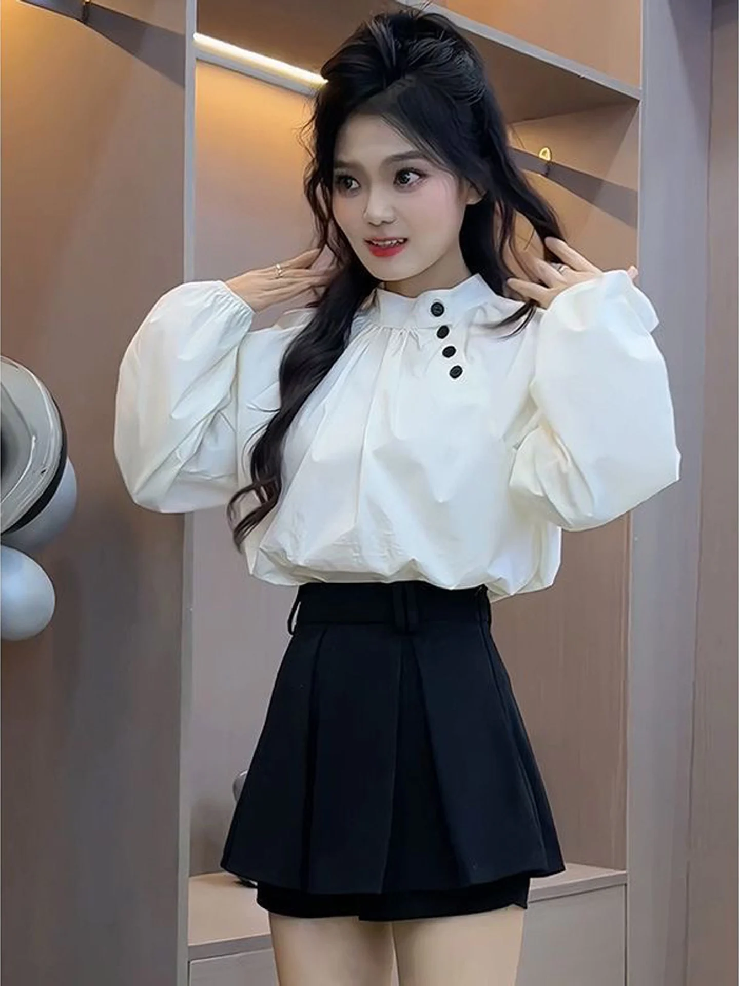 Elegant Shirt Set Women's Autumn New Style Fashionable Age-Defying Top Skirt Two-Piece Set High Waist A-Line Midi Skirt