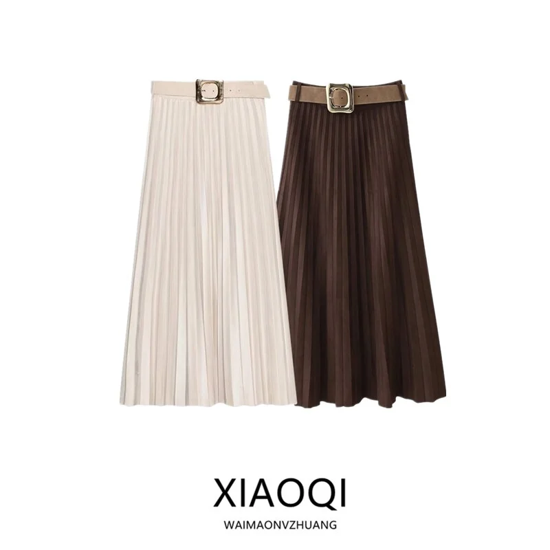2025년 가을 신상 여성 벨벳 효과 플리츠 미디 스커트 (벨트 포함) 하프 기장 캐주얼 스탠다드 핏 유럽 스타일 패션