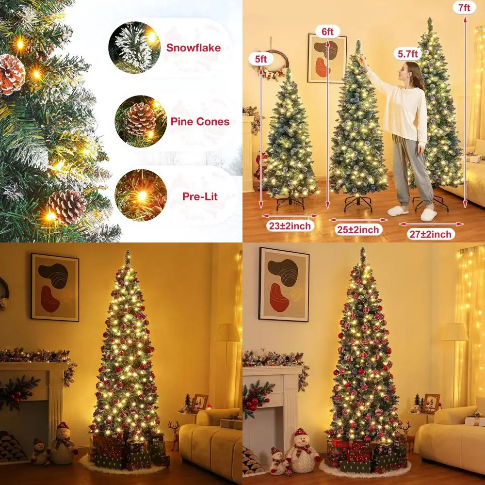 

6-футовая флокированная снежная елка с предварительной подсветкой, 160 теплых белых огней и сосновыми шишками