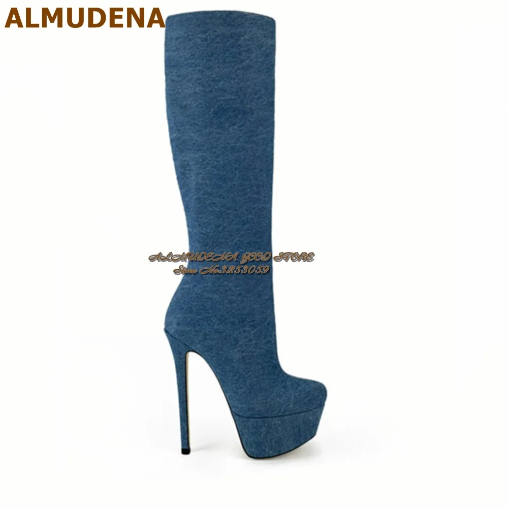 

ALMUDENA Blue Denim Stiletto Heels Knee High Boots Elegant Jeans Fabric Platform Tall Boots Fall Winter Long Dress Shoes Size46