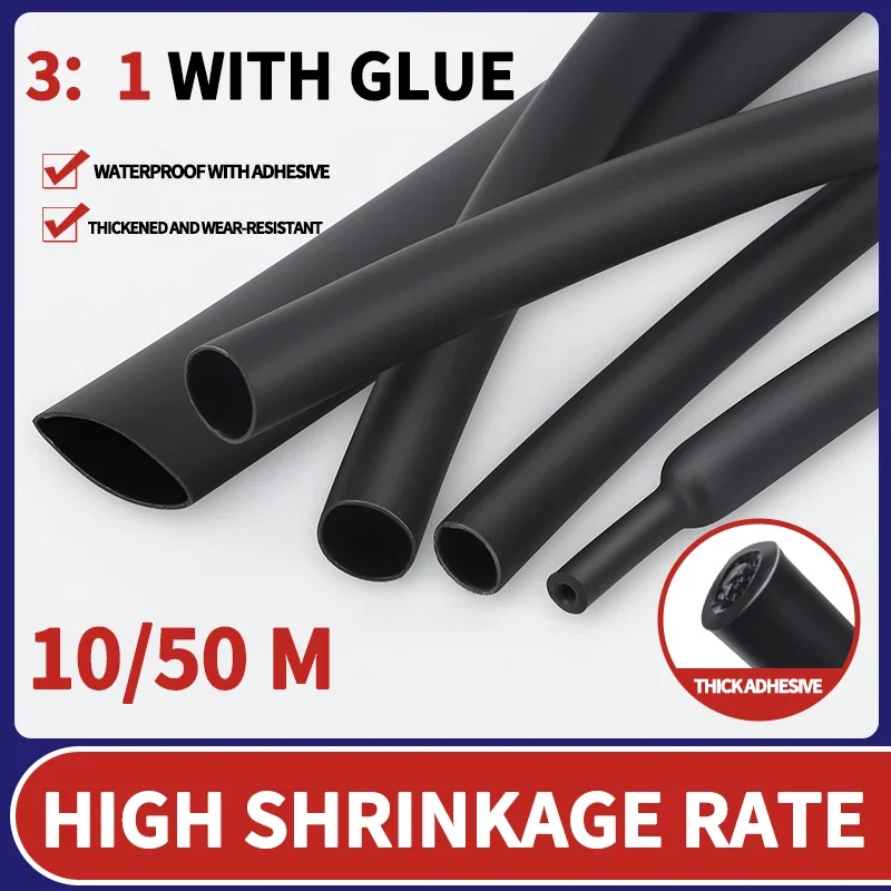 

10/50 Meters 3:1 Ratio Adhesive Lined hickening shrinkage Heat Shrink Tube with Glue Dual Wall Tubing Diameter