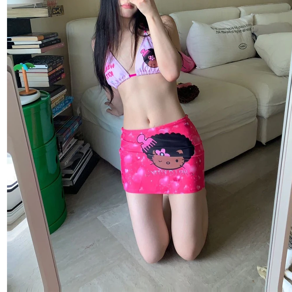 

Anime Hottie Hello Kitty Bikini Small Chest Gathered Millennium Spicy Girl Split Swimsuit Summer Beach Bikini Quick-Dry Vacation