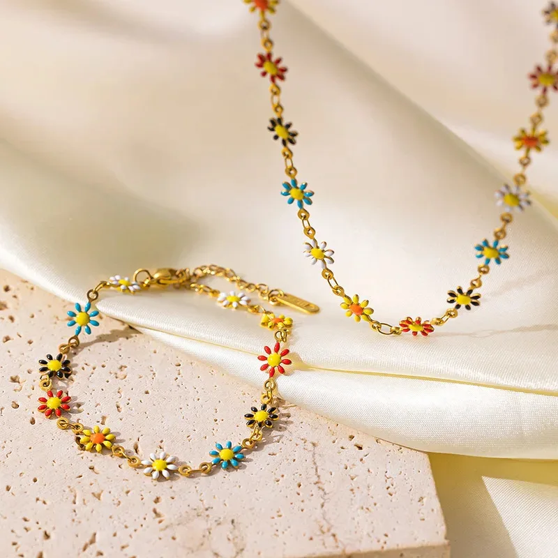 Mode Böhmen Bunte Emaille Daisy Armbänder Halskette für Frauen Mädchen Süße Halsband Geschenk Einstellbar Party Schmuck Geschenk