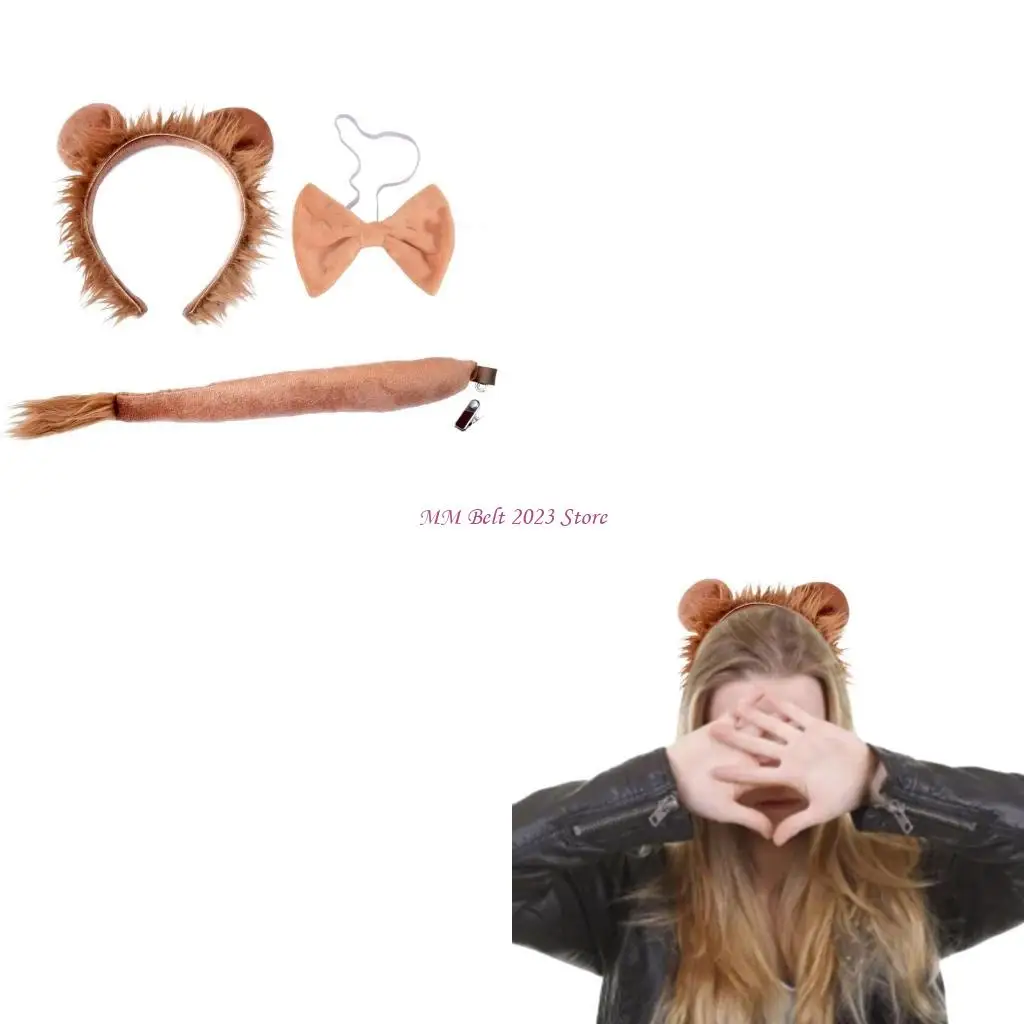 

49ME Cartoon Lion Ear Hairband Tail Bowtie Adult Halloween Party Headbands Set