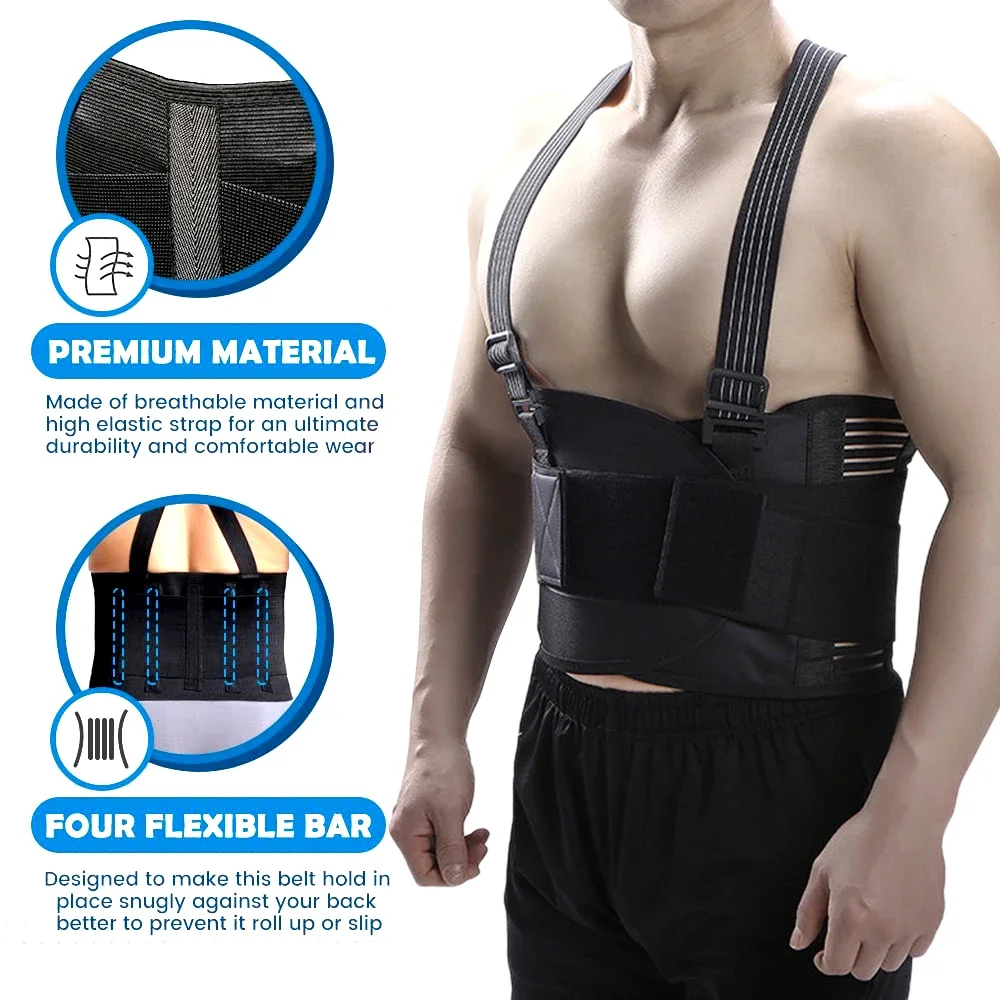 JUUMMP Sports Lumbar Back Brace Support Belt with Adjustable Straps - Back Pain Relief, Heavy Lifting Support with Suspenders