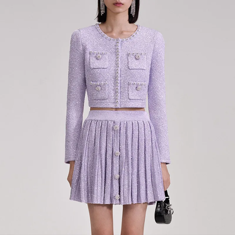 Spring 2024 Sequined Pearl Buckle Knitted Collar Long Sleeve Short Jacket High Waist Pleated Short Skirt Two-Piece Set For Women