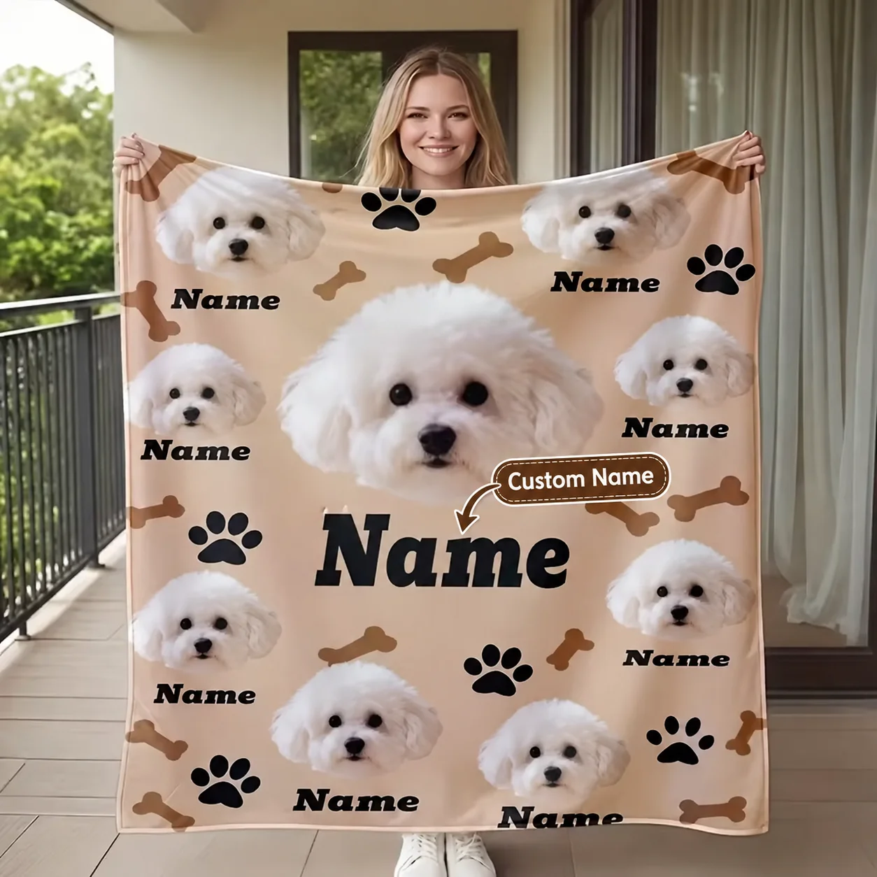 1PC Custom Pet Photo Name Blanket Full Print Cute Pet Face Soft Skin Friendly Throw Beige Dorm Sofa Bedroom Pet Owner Gift Decor
