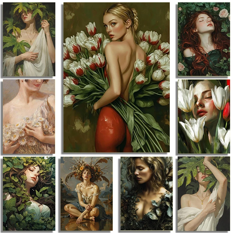 Klassische und elegante Pflanzen, Blumen, weibliche Porträts, Ölgemälde, Kunstposter, Leinwanddruck, Bars, Büro, Zuhause, Raumdekoration