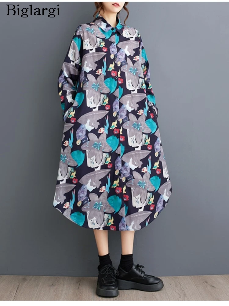 

Oversized Autumn Shirts Dress Women Irregular Graffiti Print Fashion Ladies Dresses Loose Pleated Casual Woman Midi Dress