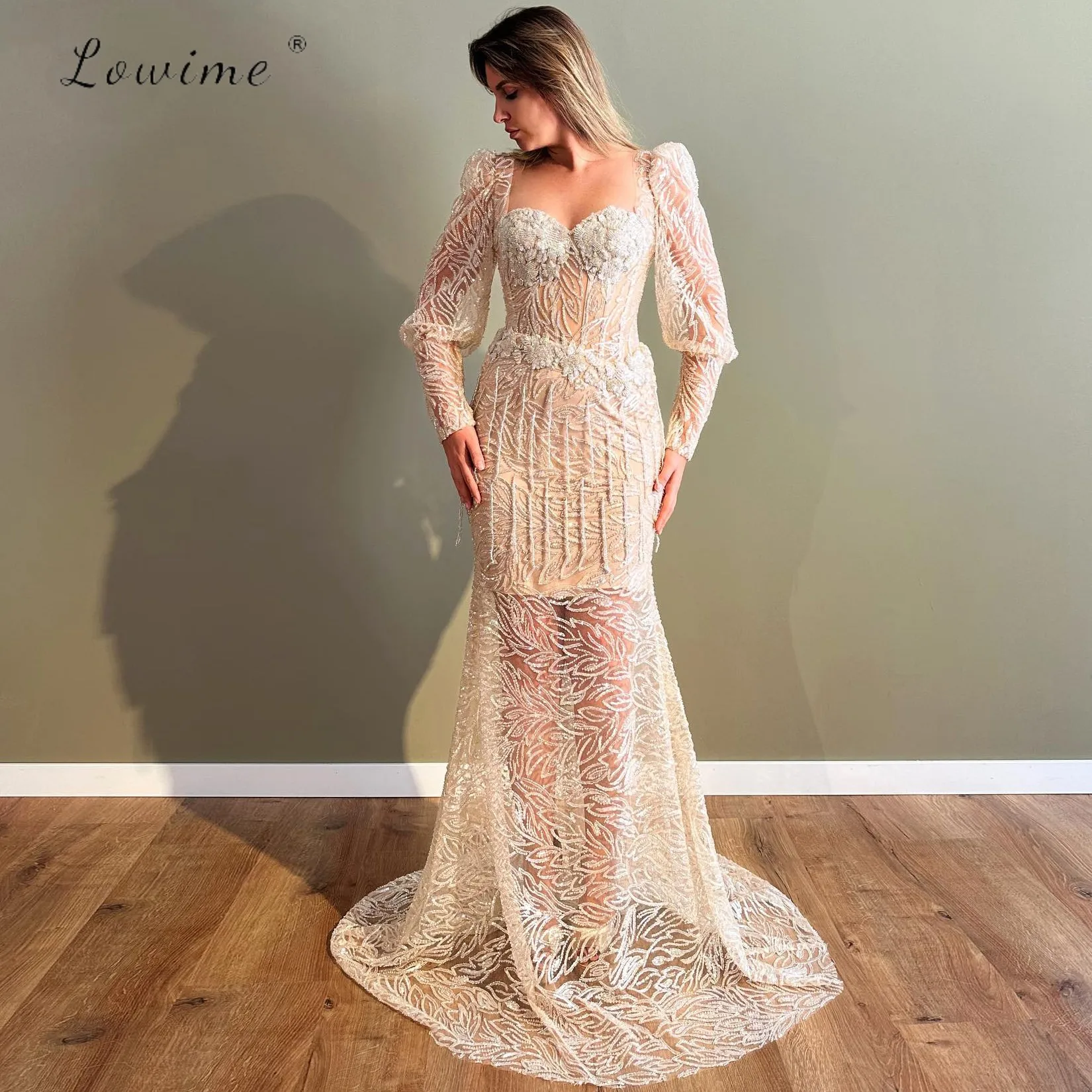 

Vintage Tulle Long Sleeve Mermaid Gown Tassel Beading Embroidery Wedding Party Dress