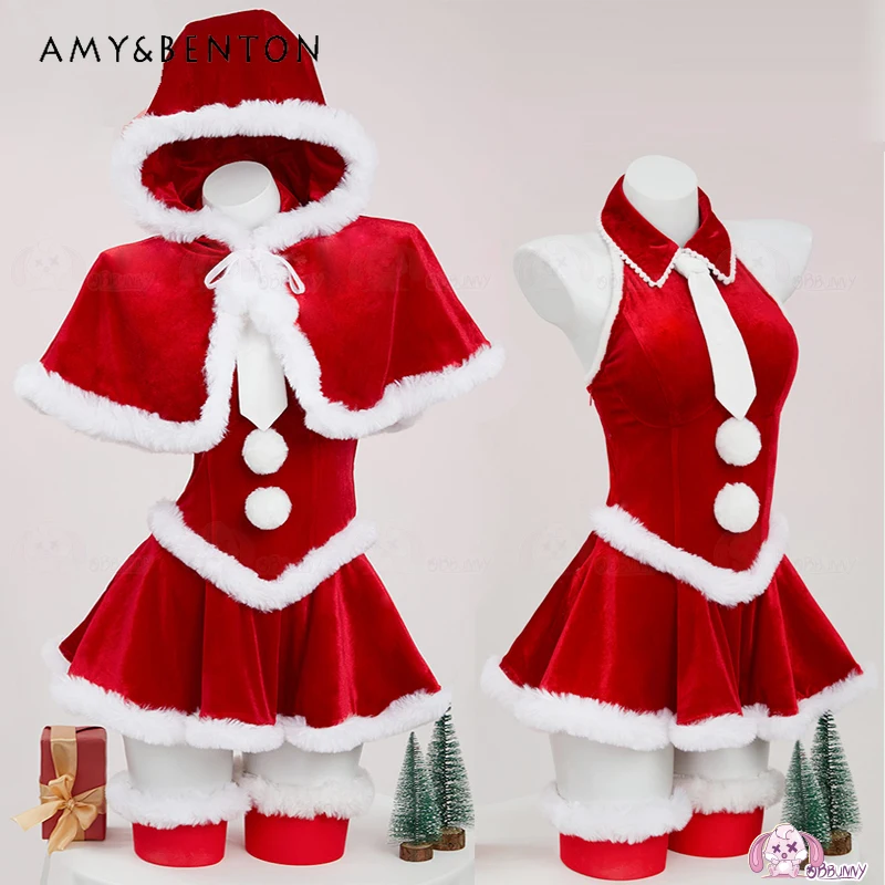 

2025 Winter New Christmas Women's Clothing Punk Gothic Original Design Red Plush Sweet Cool Sexy Hooded Cape Dresses Set Ladies