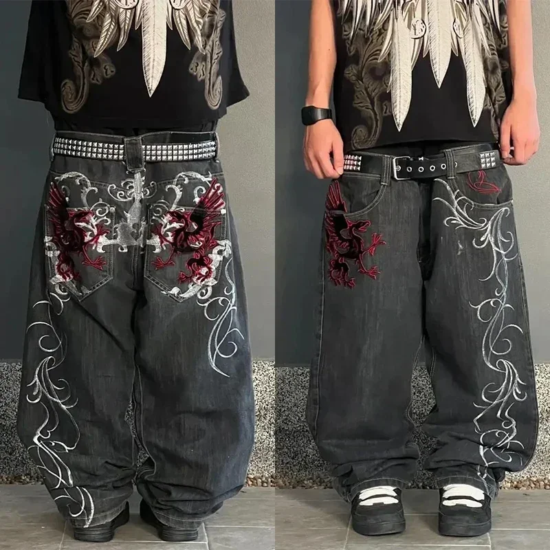 

2024 Street Retro Hip-Hop Casual Y2k New Women's Harajuku Fashion Embroidery Pattern Denim Trousers Straight Wide-leg Pants Men