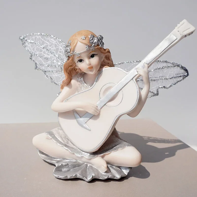 Handmade Resin Figurine of Guitar Angel Girl for Home and Car Decoration, Miniature Statue Creative Gift for Women