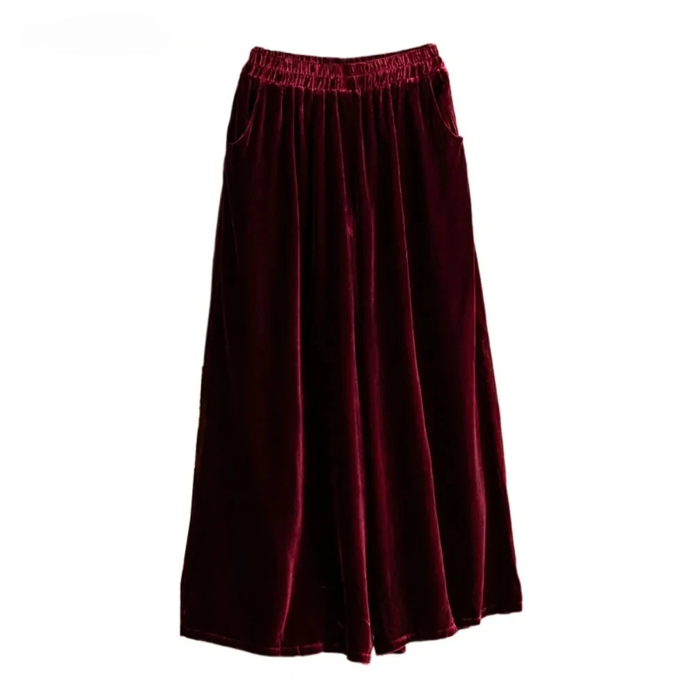 Light Luxury 30% Natural Mulberry Silk Velvet Pants, Women's Wine Red Versatile Wide Leg Pants, 2026 Fashionable Spring New