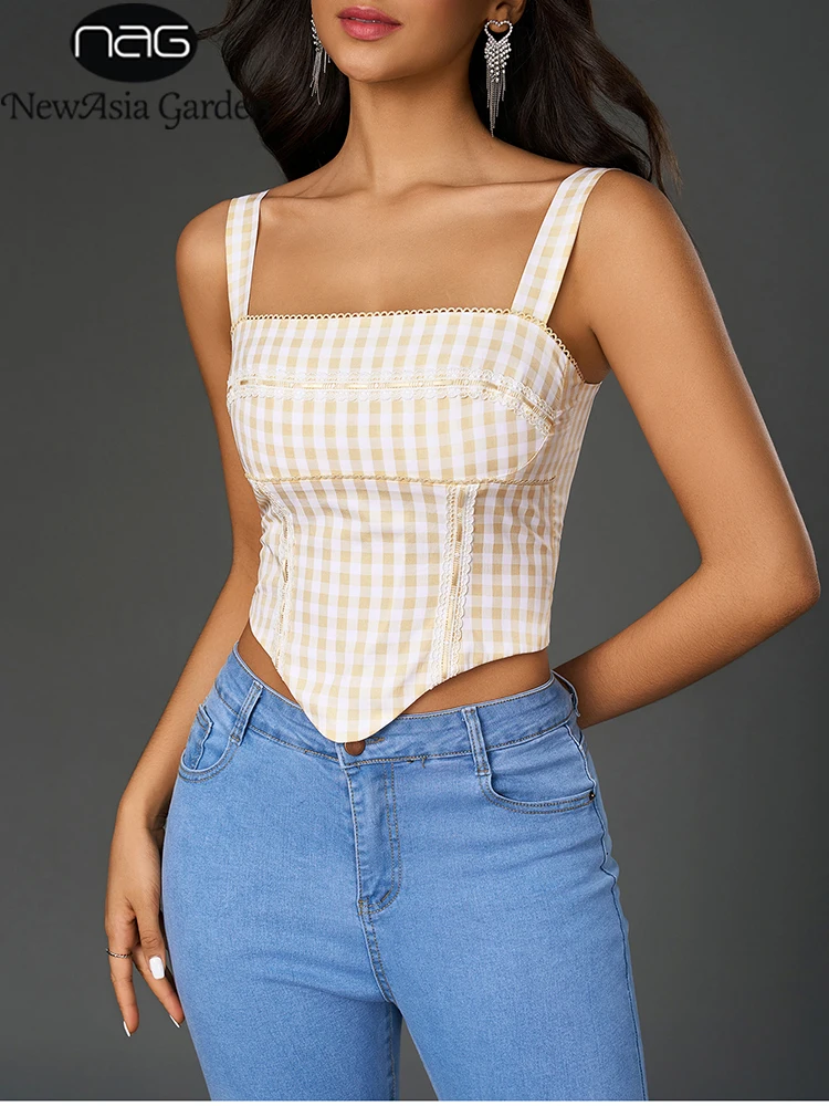 NewAsia Women's Adjustable Strap Backless Plaid Crop Corset Top Sleeveless Print Ruched Fashion Casual Party Tops Khaki Summer