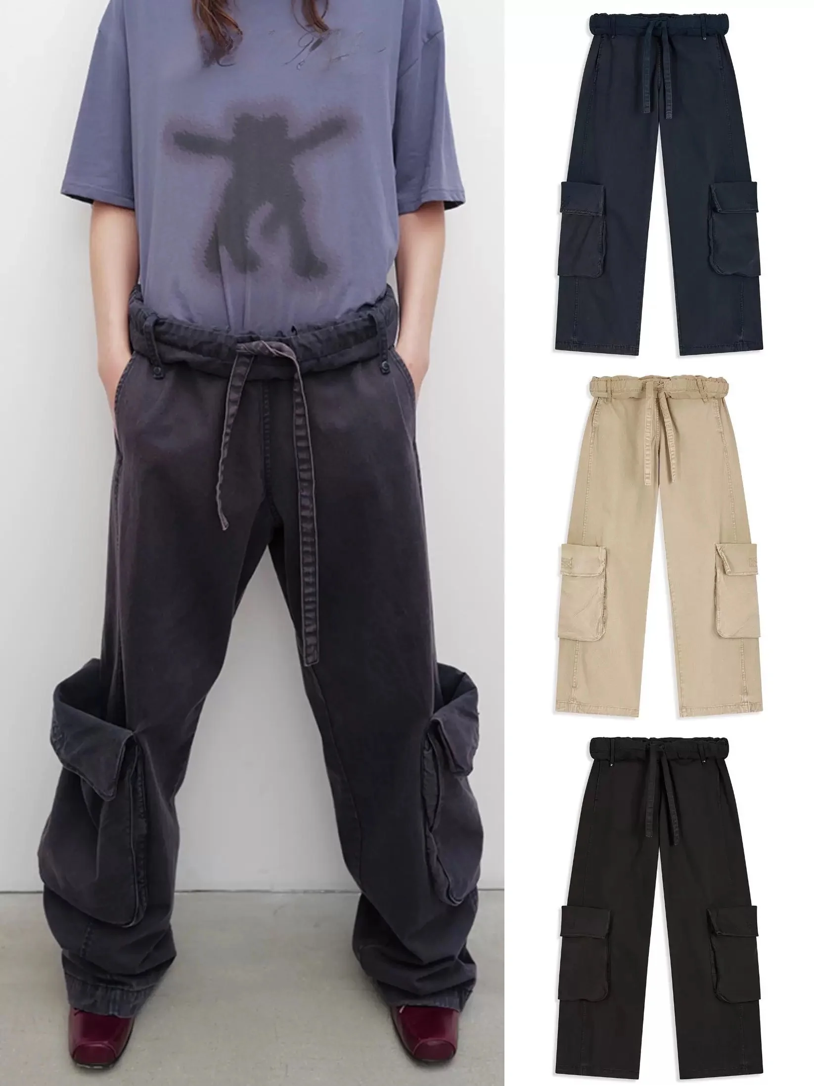 Washed Vintage Work Pants with Pockets Drawstring Loose Fit Ladies Casual Trousers Commute Style Polyester Fiber Natural Waist