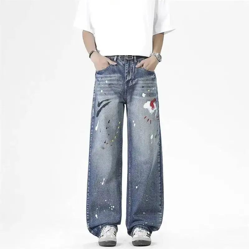 Men's Denim Pants Light Blue Washed Colorful Dot Splash Loose Straigh Tleg Splatter Paint Graffiti High Street Jeans 3ETW