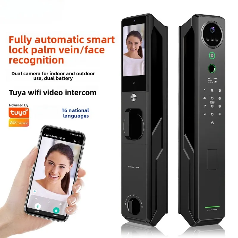 Fully Automatic Smart Lock with Tuya WiFi, Facial Recognition, Palm Vein & Fingerprint Access, and Multi-language Support