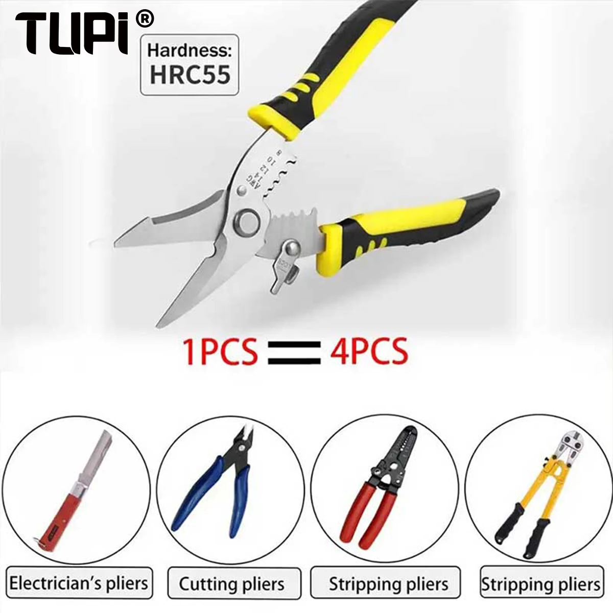 TUPI Pro Electrician Pliers 3 in 1 Wire Cutter Crimper Stripper Ergonomic Grip Multi Tool for Electrical Work Professional