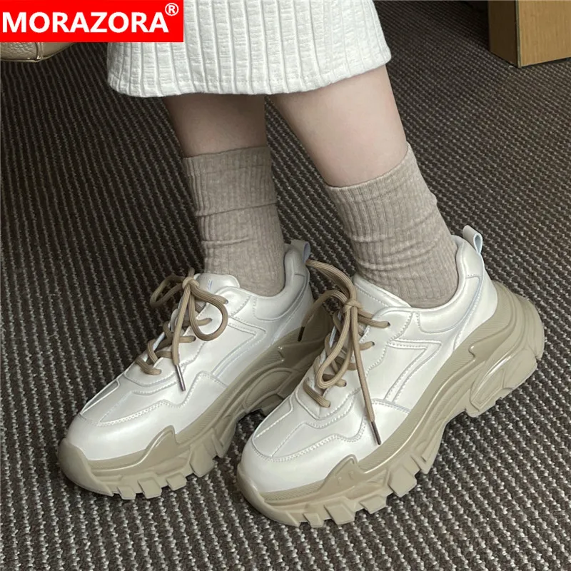 

MORAZORA 2022 New Genuine Leather Women Sneakers Lace Up Chunky Platform Sneakers Solid Color Fashion Spring Autumn Casual Shoes