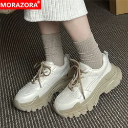 MORAZORA 2022 New Genuine Leather Women Sneakers Lace Up Chunky Platform Sneakers Solid Color Fashion Spring Autumn Casual Shoes