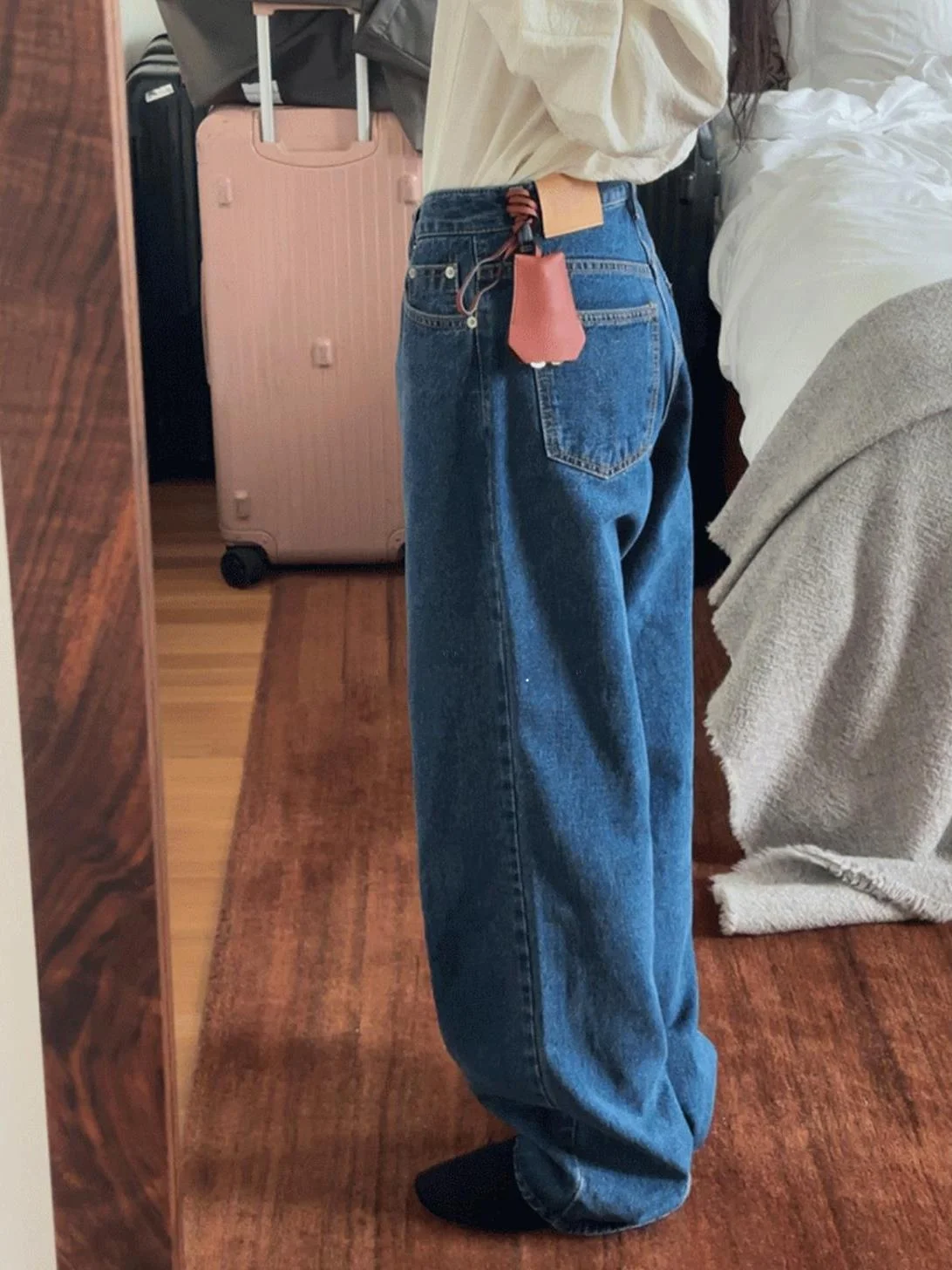 

Классические темно-синие широкие джинсы в Корейском стиле, повседневные простые женские осенне-зимние утягивающие длинные брюки, модные универсальные