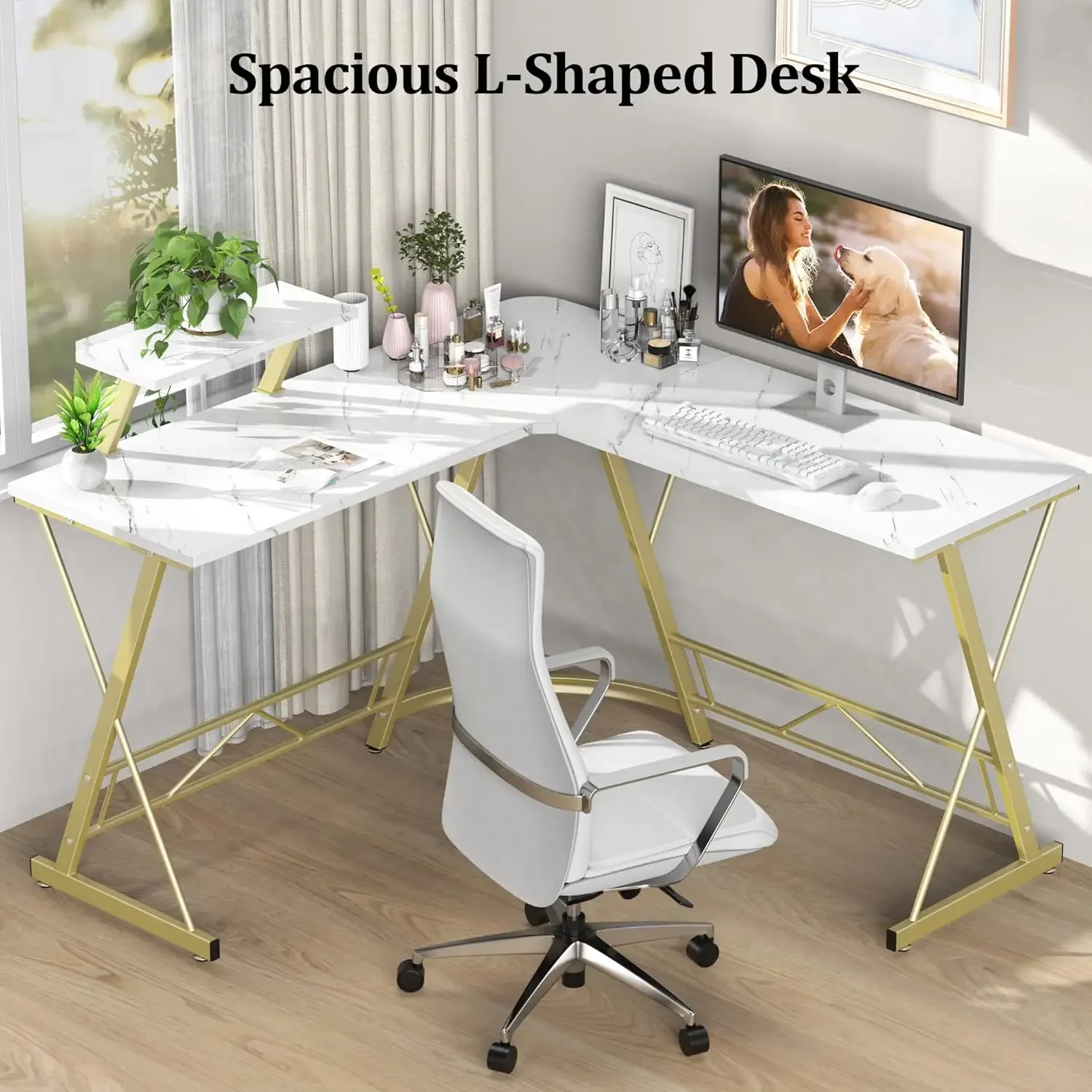 Mr IRONSTONE L Shaped Desk Computer Corner Desk, Home Gaming Desk, Office Writing Workstation with Large Monitor Stand, Eas