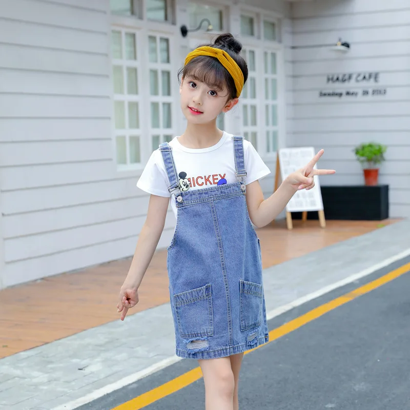 2024 Kids Overalls Jeans for Girls Children Denim Jumpsuit Pockets skirt Teenager lady miss Suspender Slip dress 4 5 9 12 year