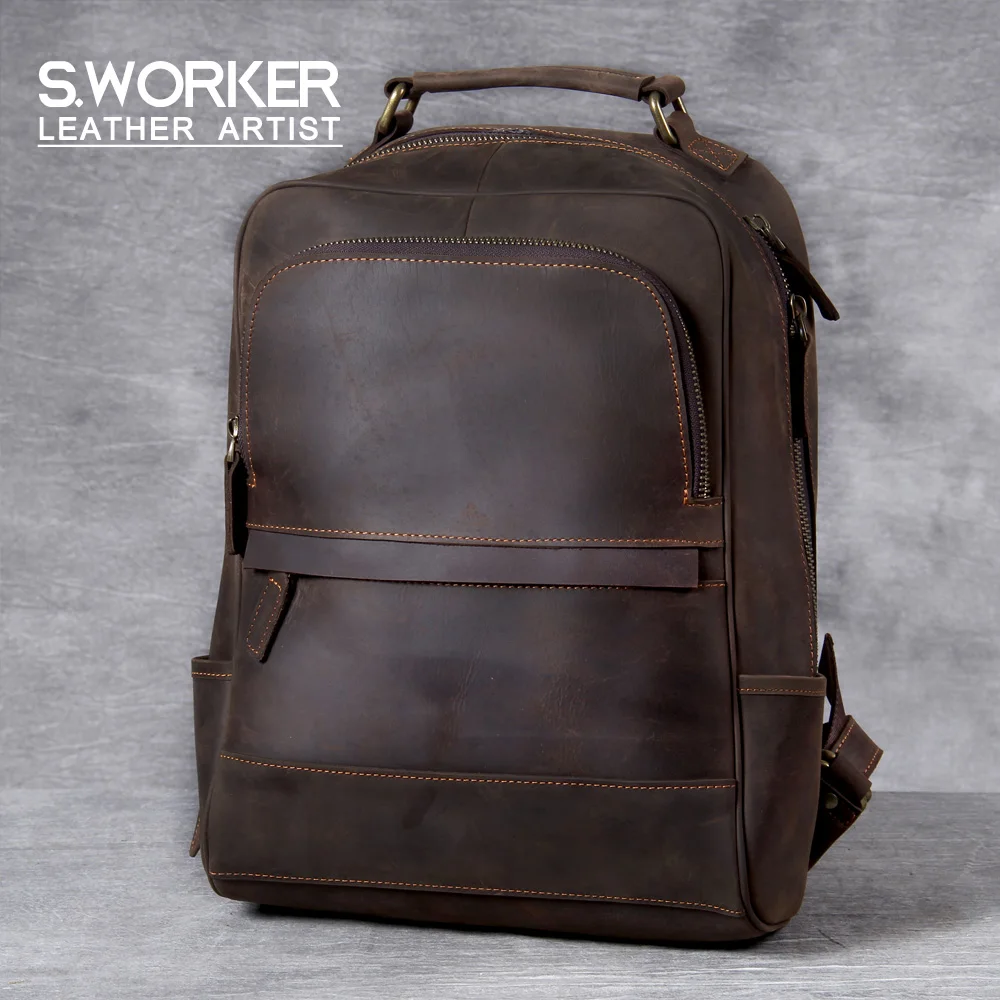 S.WORKER Vintage Echtleder-Rucksack für Herren, Große Laptop-Schultertasche, Klassische Vintage Crazy Horse Reise- und Schultasche – Detail 2